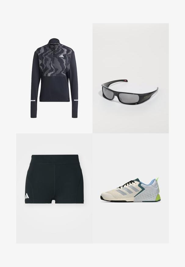 Pullover atletico nero con zip al collo, maniche lunghe e una parte superiore con un motivo audace. Realizzato in tessuto leggero e traspirante. Dettagli riflettenti.; Pantaloni sportivi neri realizzati in tessuto elasticizzato, con vita alta, forma aderente e logo Adidas bianco sul lato sinistro.; Scarpe atletiche leggere con una tomaia in rete color crema, righe grigie, un accento verde e un tallone in textured blu. Lacci neri.; Occhiali da sole neri Oakley a fascia con lenti rettangolari scure e braccia curve su uno sfondo bianco semplice.
