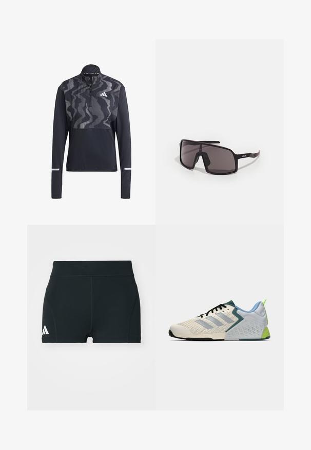 Schwarzer sportlicher Pullover mit Reißverschlusskragen, langen Ärmeln und einem auffälligen, gemusterten oberen Bereich. Hergestellt aus leichtem, atmungsaktivem Material. Reflektierende Akzente.; Schwarze Sportshorts aus elastischem Material, mit hohem Bund, taillierter Form und weißem Adidas-Logo auf der linken Seite.; Leichte Sportschuhe mit einem cremefarbenen Mesh-Obermaterial, grauen Streifen, einer grünen Akzentfarbe und einer strukturierten blauen Fersenkappe. Schwarze Schnürsenkel.; Schwarze rechteckige Sonnenbrille mit dunklen Gläsern, breitem Rahmen und schlanken schwarzen Bügeln. Verfügt über ein Logo an den Schläfen. Glatte Textur.