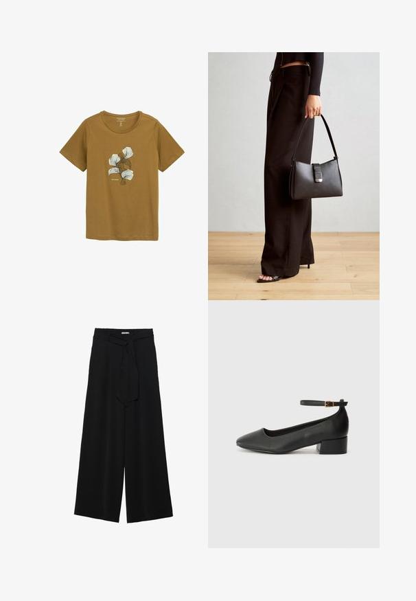 Braunes Baumwoll-T-Shirt mit rundem Halsausschnitt und kurzen Ärmeln. Mit einem weißen Blumendesign auf der Vorderseite und geradem Schnitt.; Schwarze weite Hosen aus strukturiertem Stoff, mit elastischem Bund und einem abnehmbaren Bindegürtel in der Taille für eine verstellbare Passform.; Schwarze Lederpumps mit spitzem Zehenbereich und niedrigem Blockabsatz. Mit einem Knöchelriemen und einer goldfarbenen Schnalle. Glatte Textur.; Schwarze Handtasche mit strukturierter Form, glatter Textur und einem metallischen Verschluss. Kombiniert mit weiten schwarzen Hosen und offenen Sandalen auf einem Holzboden.
