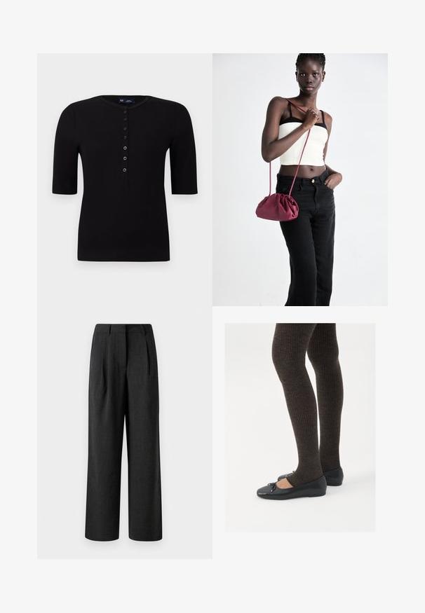 Černý žebrovaný top s krátkým rukávem a kulatým výstřihem, s button placket vpředu, zdobený stříbrnými knoflíky a s přiléhavým střihem.; Černé široké kalhoty vyrobené z texturované tkaniny, s předními záhyby a upraveným pasem, navržené pro volný střih.; Černé ploché boty s malou mašlí na špičce, kombinované s tmavě hnědými žebrovanými punčochami. Boty mají hladký povrch a nízký profil.; Burgundská měkká taška s nabíraným designem a dlouhým popruhem, nošená přes tělo. Model má na sobě bílý crop top a černé džíny.