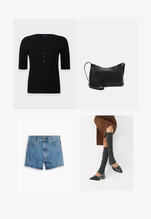 Melna ribota īsām piedurknēm augšdaļa ar apaļu kakla izgriezumu un pogu plāksni priekšpusē, kurā ir sudraba pogas un pieguloša siluets.; Gaiši zili džinsu šorti, kas aprīkoti ar piecām kabatām, rāvējslēdzēja aizdari un pogu aizdari. Apakšmala ir saplēsta, un izskats ir brīvs.; Melnas laka ādas apavi ar norādītu purngalu, blokveida papēdi un potīšu jostu, saskaņoti ar pelēkām ribotām kāju sildītājām un brūnu zamšādas svārku.; Melna ādas plecu soma ar gludu tekstūru, izliekta forma, regulējama siksna un rāvējslēdzēja aizdare. Minimālistisks dizains bez rotājumiem.