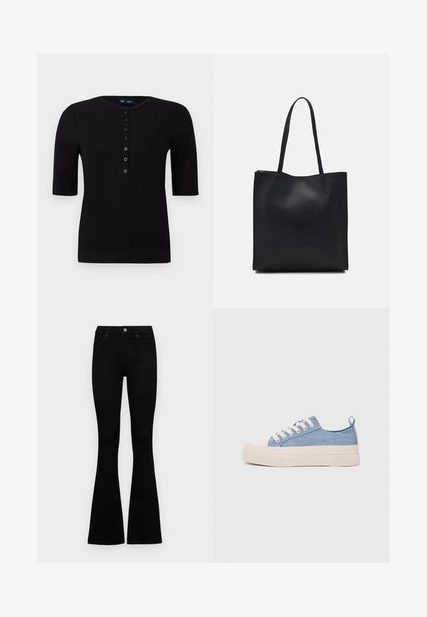 Top scurt negru cu dungi, cu guler rotund și o închidere cu butoane pe față, având butoane argintii și o siluetă ajustată.; Jeans negri cu talie înaltă, cu închidere prin nasture și fermoar, buzunare frontale și picioare evazate, așezați pe un fundal alb.; Sneakers din pânză de culoare albastru deschis, cu vârf și talon din cauciuc crem, având șireturi albe și un maner pe călcâi.; Geantă tote neagră din piele, cu textură netedă, formă rectangulară și două mânere lungi. Fără hardware vizibil sau ornamente.