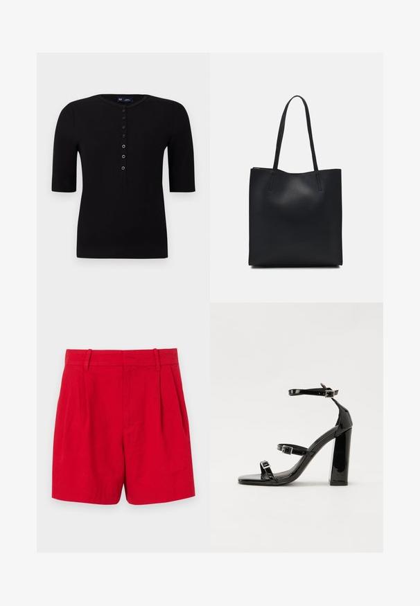 Juodas horizontalių juostelių trumpas rankovėmis marškinėliai su apvalia iškirpte ir mygtukų uždarymu priekyje, dekoruoti sidabriniais mygtukais ir turintys prigludusį siluetą.; Raudoni lininiai šortai su aukštu liemeniu, su priekinėmis raukšlėmis, diržo kilpomis ir lygia tekstūra. Įprasta iškirptė su tvarkingai pritaikytu dizainu.; Juoda blizgi lakuota basutė su kvadratiniu pirštu, kulkšnies dirželiais ir sidabro sagtimis. Yra tvirta blokinė kulno konstrukcija, užtikrinanti stabilumą.; Juodas odinis tote krepšys su lygia tekstūra, stačiakampio formos ir dviem ilgais rankenomis. Matomų metalinių detalių ar puošybos nėra.