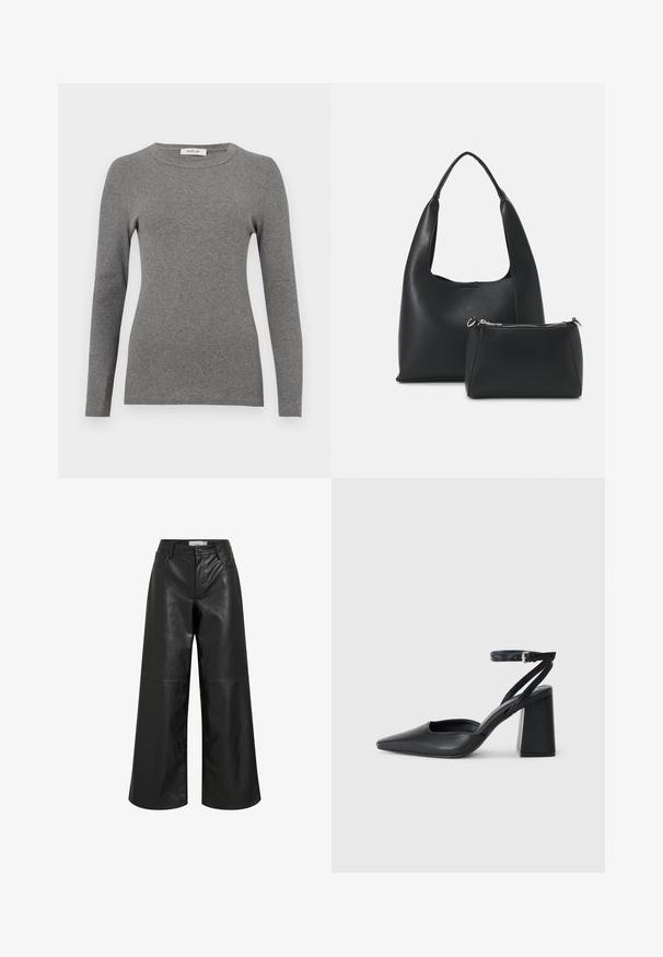 Grey long-sleeve top made of a soft ribbed material. Features a rounded neckline and fitted design, with minimal accents or patterns.; Black leather wide-leg trousers with a smooth texture, featuring front pockets, a button closure, and seam detailing along the legs.; Black leather pointy-toe pump with an ankle strap and a chunky heel. Flat texture, sleek design, and minimalistic aesthetics.; Even&Odd Handbag - black