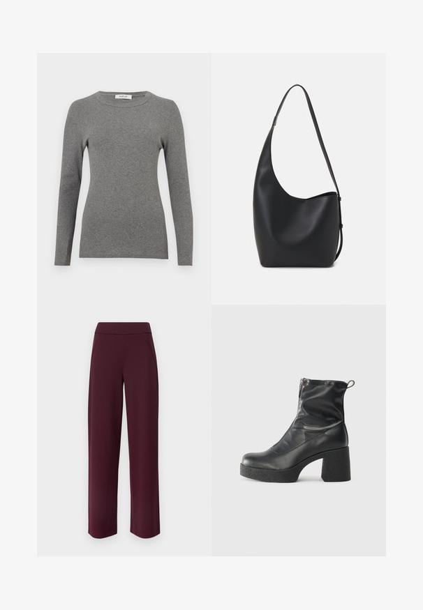 Grå langærmet top lavet af et blødt ribbet materiale. Har en rund halsudskæring og en tætsiddende silhuet, med minimalt pynt eller mønstre.; JDY JDYLOUISVILLE CATIA WIDE PANT - Bukser - wine tasting; Sorte ankelstøvler lavet af glat læder, med en sidelukning, kraftig struktureret hæl og rundt tådesign.; Sort læder hobo taske med en glat overflade, buet form og en enkelt justerbar rem; har en bred åbning øverst.