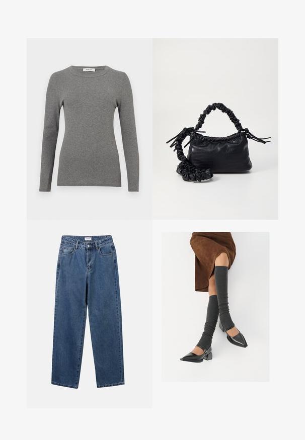 Grå langærmet top lavet af et blødt ribbet materiale. Har en rund halsudskæring og en tætsiddende silhuet, med minimalt pynt eller mønstre.; Klassiske blå denimbukser med lige ben, fem lommer og knaplukning. Har en medium vask og en robust tekstur.; Sorte patenterede lædersko med spids tå, blokhæl og ankelrem, kombineret med grå ribbede benvarmere og en brun ruskinds nederdel.; Sort kunstlæder håndtaske med krokodilteksur, indsnøret top og en sammenkrøben rem. Ser blød og kompakt ud i designet.