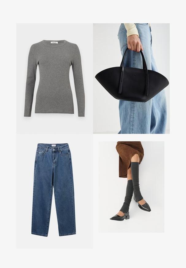 Grijze lange mouw top van een zachte ribbelstof. Heeft een ronde halslijn en een getailleerd ontwerp, met minimale accenten of patronen.; Klassieke blauwe denim jeans met een rechte pijp, vijf zakken en een knoopsluiting. Heeft een middelgrote wasbeurt en stevige textuur.; Zwarte gepatineerde leren pumps met een puntige neus, een blokhak en een enkelbandje, gecombineerd met grijze geribde beenwarmers en een bruine suède rok.; Zwarte leren handtas met een unieke waaier vorm, voorzien van platte handvatten. Het oppervlak heeft een gewelfde textuur en een minimalistisch ontwerp.