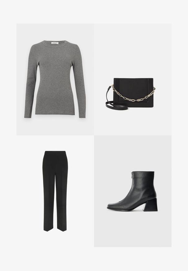 Grå langærmet top lavet af et blødt ribbet materiale. Har en rund halsudskæring og en tætsiddende silhuet, med minimalt pynt eller mønstre.; Sorte bukser med lige ben-design, der har en simpel talje og ingen synlige lommer, præsenteret mod en hvid baggrund.; Sort læderankelstøvle med firkantet tå, lynlås på siden og blokhæl mod en ensfarvet lys baggrund.; Sort læder crossbody taske med en glat tekstur, rektangulær form og en metallisk kæde detalje foran. Justerbar skulderrem inkluderet.