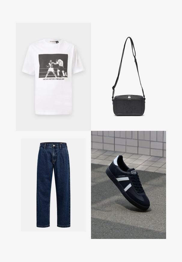 Weißes Baumwoll-T-Shirt mit einem schwarz-weißen Grafikmotiv von zwei Boxern und dem Text "SCHWEBEN WIE EIN SCHMETTERLING, STECHEN WIE EINEN BIELE."; Dunkelblaue Denim-Jeans mit geradem Bein. Mit sichtbaren Nähten, einem Knopfverschluß und Frontfalten für zusätzliche Details.; Schwarze Leder-Sneaker mit weißen Streifen, strukturiertem Gummisohle und Schnürung. Verfügt über ein Markenetikett auf der Zunge.; Schwarze Leder-Crossbody-Tasche mit einem Reißverschluss, geprägtem Logo auf der Vorderseite und verstellbarem Riemen. Glatte Textur mit rechteckiger Form.