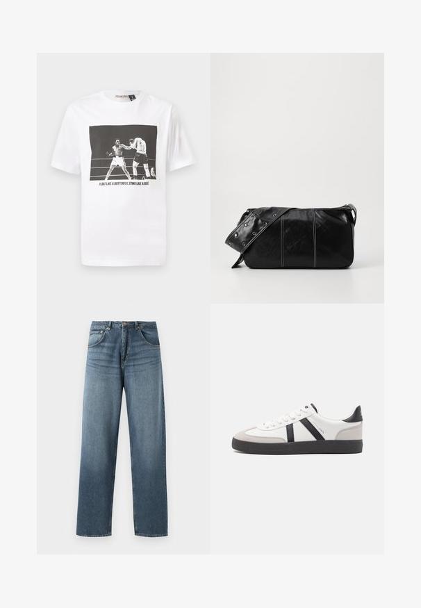 White cotton t-shirt featuring a black and white graphic of two boxers and the text "FLOAT LIKE A BUTTERFLY, STING LIKE A BEE."; Straight-leg blue denim jeans with a faded wash, featuring five-pocket design, metal button, and belt loops. Structured, medium-weight fabric.; White sneaker with black and gray accents, featuring a textured gray toe cap, black rubber sole, and flat white laces. Clean design, minimalist style.; Black leather shoulder bag with a zip closure, featuring a textured body, white stitching, and a strap with silver grommets.