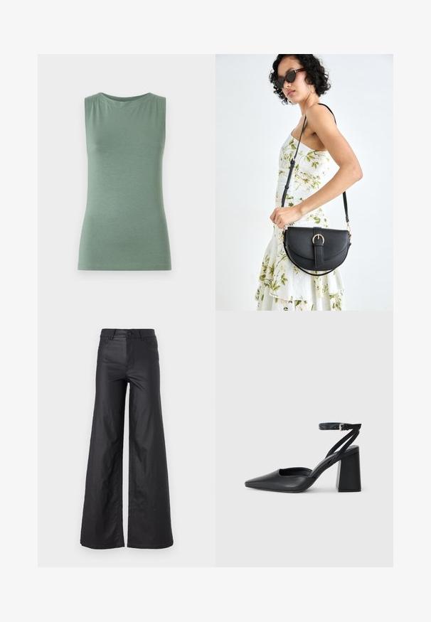 Top verde senza maniche realizzato in tessuto morbido, con scollo rotondo e forma aderente. Design minimalista senza pattern né embellishments.; Pantaloni neri a gamba larga in materiale similpelle. Presentano un vita alta, passanti per la cintura, due tasche frontali e dettagli cuciti.; Pump in pelle nera con punta affusolata, cinturino alla caviglia e tacco spesso. Texture piatta, design elegante ed estetica minimalista.; Borsa a tracolla nera in pelle con una forma curva, manico rimovibile e accessori dorati. La borsa presenta una patta con un dettaglio a fibbia.
