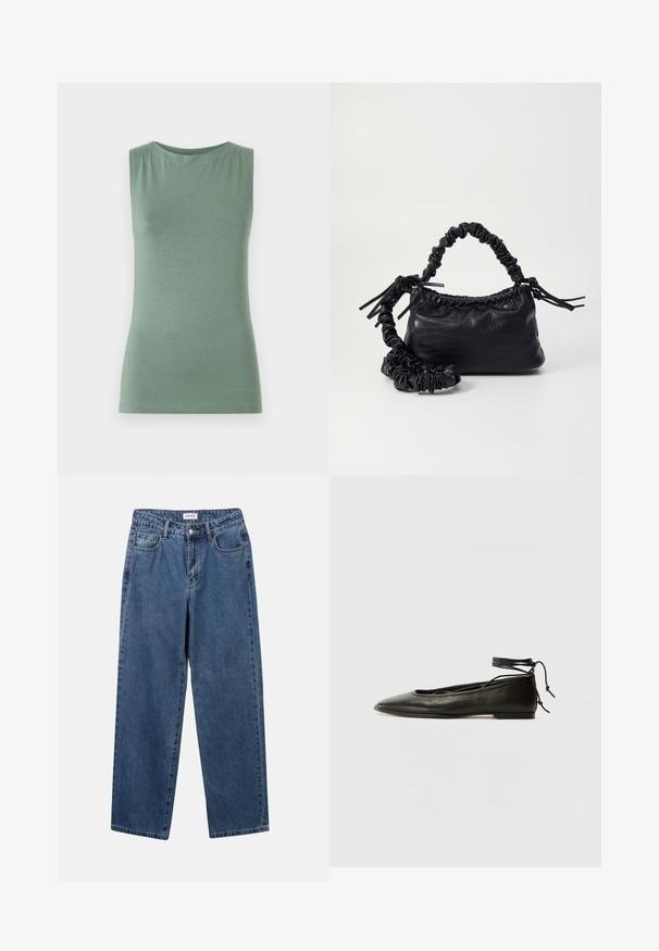 Sleeveta rohuga roheline topp, mis on valmistatud pehmest kangast, ringkaelusega ja vormitud lõikega. Minimalistlik disain, ilma mustrite või kaunistusteta.; Klassikalised sinised denimists teksad otsejalaga disainiga, viie taskuga ja nööbisuletusega. Omab keskmist pesu ja tugevat tekstuuri.; Must mustast balletijalatsid, millel on terav nina, pahkluu seotud ja lame tall, sujuva tekstuuri ning minimalistlik disain.; Must must sünteetilisest nahast käekott, millel on krokodillimuster, kokku tõmmatav ülaosa ja kortsus rihm. Tundub pehme ja kompaktne disain.