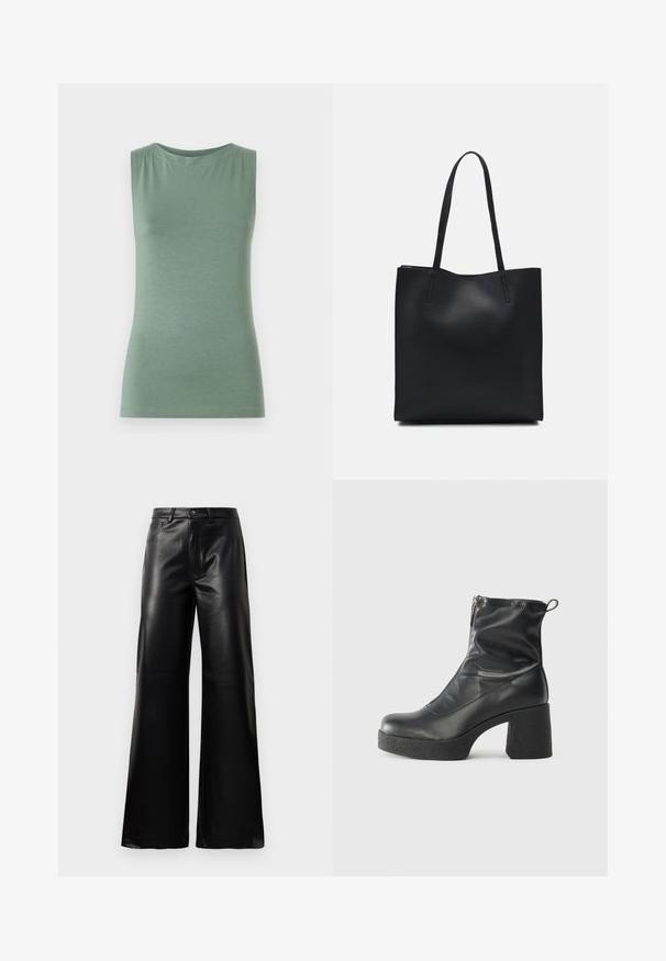 Ærmeløs grøn top lavet af blødt stof, med en rund halsudskæring og tætsiddende form. Minimalistisk design uden mønstre eller udsmykninger.; Sorte high-waisted bukser i bred ben i imiteret læder med forreste knap, lynlås, bæltestropper og sidelommer på hvid baggrund.; Sorte ankelstøvler lavet af glat læder, med en sidelukning, kraftig struktureret hæl og rundt tådesign.; Sort læder tote taske med glat tekstur, rektangulær form og to lange hanke. Ingen synlig hardware eller udsmykninger.