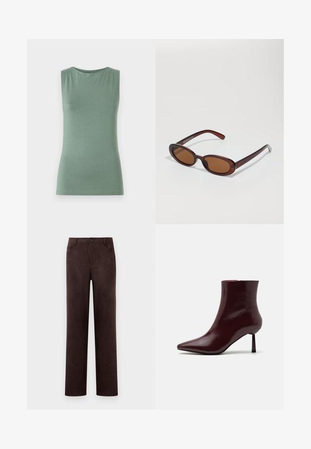 Bezrukava zelena majica od mekanog materijala, s okruglim izrezom i prilagođenim oblikom. Minimalistički dizajn bez uzoraka ili ukrasa.; Kombinirane tamnosmeđe suknje od zeca s ravnim nogavicama, zatvaranjem na dugme i rajsferšlus, petljama za remen i bočnim džepovima.; Bordo lakirana čizma do gležnja s oštrim vrhom i uskim stiletto potplatom, s glatkom, sjajnom teksturom i minimalističkim dizajnom.; Okvir okruglih, smeđkastih sunčanih naočala s sjajnim burgundskim okvirom. Uski nositelji s suptilnim brendiranjem. Ravna leća.; Tkana vino crvena torba s rounded oblikom i jednom ručkom, s teksturiranom površinom i elastičnim zatvaranjem na vezicu.