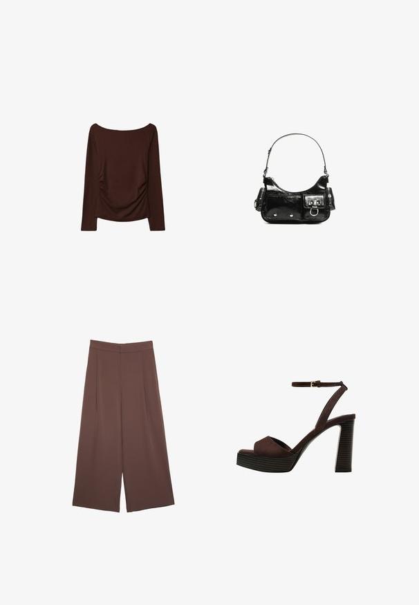 Hnědý dlouhý rukáv top s širokým výstřihem a nařasením po stranách, vyrobený z měkkého a pružného materiálu.; Hnědé široké kalhoty s hladkou texturou, vysokým pasem a předními záhyby. Materiál je lehký a volně splývá.; Hnědé semišové sandály na vysokém podpatku s otevřenou špičkou, nastavitelným páskem kolem kotníku a proužkovou platformou.; Černá lakovaná kožená kabelka s křivkovým tvarem, jedním ramenním popruhem, předními kapsami a stříbrnými kovovými detaily.