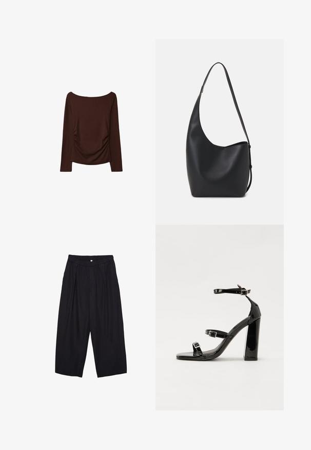 Brauner Langarmoberteil mit weitem Ausschnitt und gerafften Details an den Seiten, hergestellt aus einem weichen, dehnbaren Material.; Schwarze Polyester-Culotte mit einem elastischen Bund, zwei vorderen Falten und einer lockeren Silhouette. Keine sichtbaren Muster oder Hardware-Details.; Schwarze patentierte Sandalen mit Absatz, quadratischer Spitze, Knöchelriemen und silbernen Schnallen. Mit einem stabilen Blockabsatz für mehr Stabilität.; Schwarze Leder-Hobo-Tasche mit einer glatten Textur, geschwungener Form und einem einzelnen verstellbaren Tragegurt; verfügt über eine weite Öffnung am oberen Ende.