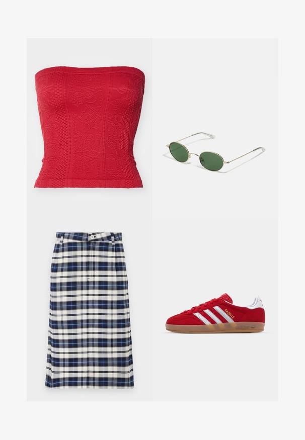 Punane rihmata ülaosa, millel on tekstuuriga mustrid, detailne tikand ja lähedal pidulik disain. Valmistatud venivast kangast, et saavutada hästi sobiv istuvus.; Mereõngus seelik tumesinises, valges ja hallis. Omab sirget siluetti,nööbiklappi ning peent tekstuuri ruudustikuga.; Punane sametist tennisekes, millel on valge kolmestriibuline disain ja kuldne "Gazelle" tekst. Varustatud kummist tallaga ja tekstureeritud kontsaga.; Kuldse raami päikeseprillid roheliste ovaalsete läätsedega ja õhukeste metallist varsidega. Varstest mugavuse tagamiseks on seljas selged plastotsi.