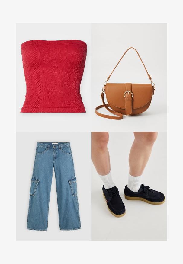 Raudonas be petnešėlių viršus su tekstūruotais raštais, išsamia siuvinėjimo detalėmis ir prigludusia forma. Pagamintas iš elastingos medžiagos, kad būtų pritaikytas.; Plačios kojų cargo džinsai šviesiai mėlyname džinsui, su dviem šoninėmis kišenėmis su dangteliais, kontrastinga siūle ir klasikiniu penkių kišenių dizainu.; Tamsiai mėlynos zomšinės bateliai su apvalia nosimi, su raišteliais ir kreminės spalvos guminiu padu. Suderinti su baltais dryžuotais kojinėmis.; Ruda odinė kryžminė rankinė, turinti kreivą formą, auksinius metalinius elementus ir sagtį. Yra nuimama petneša.