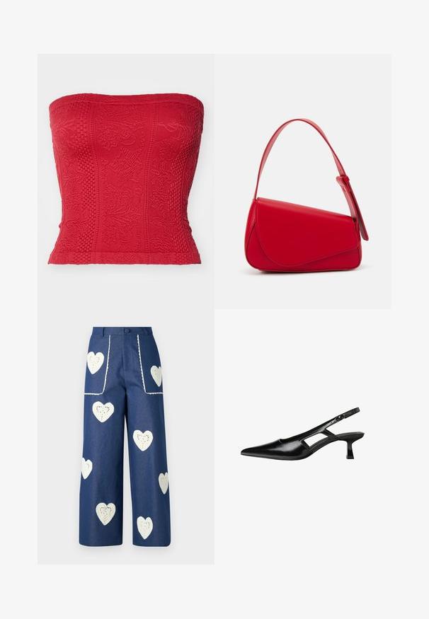 Punainen olkaimeton yläosa, jossa on tekstuurikuvioita, yksityiskohtaista brodeerausta ja tiukka muotoilu. Valmistettu joustavasta kankaasta, joka tarjoaa istuvan istuvuuden.; Sister Jane HEART TO HEART - Straight leg -farkut - blue denim; Mustat lakatut nahkakengät, joissa on viistopää, leikattu sivusuunnassa ja pieni neliökoroke. Sujuva pinta, jossa on minimaalinen koristelu.; Punainen nahkalaukku, jossa on kulmikas, geometrinen muotoilu. Varustettu yhdellä säädettävällä hihnalla ja läpällä, jossa on ommeltu yksityiskohtia.