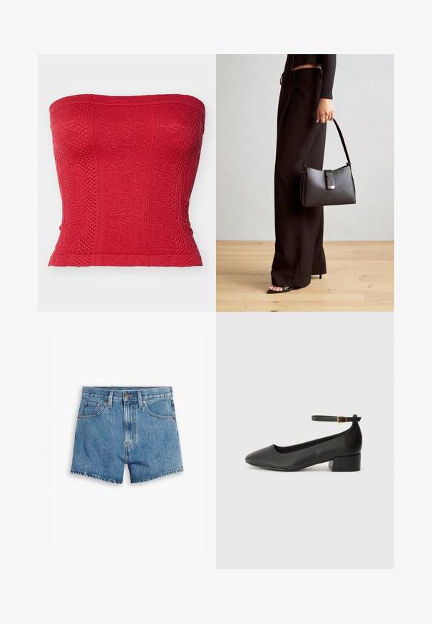 Rode strapless top met textuurpatronen, gedetailleerde borduursels en een fitted ontwerp. Gemaakt van een rekbare stof voor een perfecte pasvorm.; Lichtblauwe denimshorts met vijf zakken, een ritssluiting en een knoopsluiting. De zoom is rafelig en heeft een ontspannen pasvorm.; Zwarte leren pump met een spitse neus en een lage blokhak. Beschikt over een enkelband met een goudkleurige gespsluiting. Gladde textuur.; Zwarte handtas met gestructureerde vorm, gladde textuur en een metalen sluiting. Gecombineerd met brede zwarte broeken en sandalen met open teen op een houten vloer.