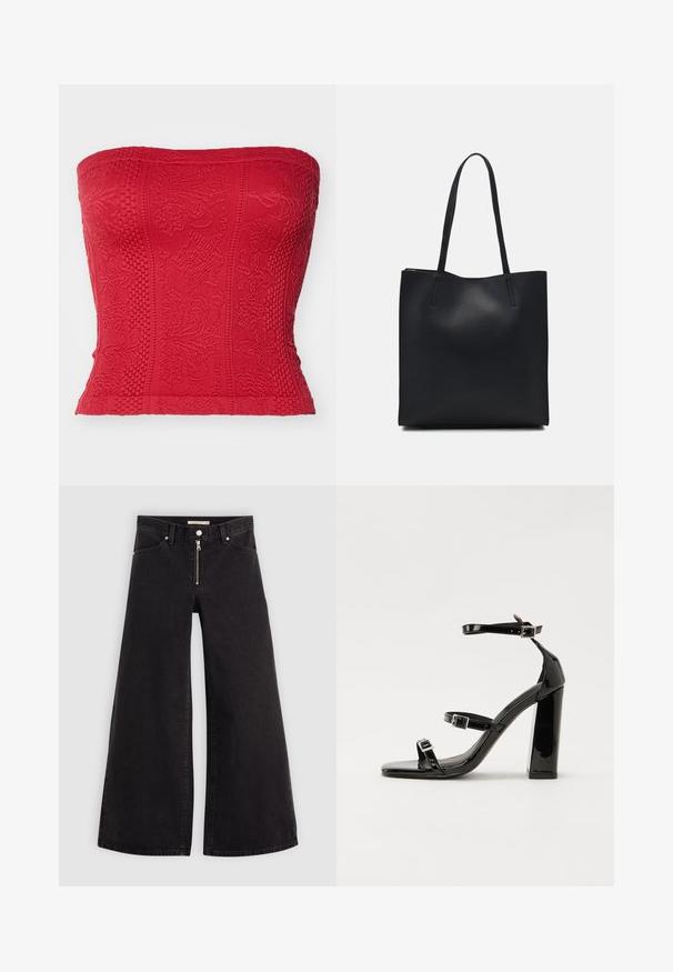 Top vermelho sem alças com padrões texturizados, bordados detalhados e um design ajustado. Feito com um tecido elástico para um ajuste feito à medida.; Calças de ganga de perna larga em denim preto com fecho éclair à frente, design de cinco bolsos e detalhes de costura subtil. Textura suave e estilo casual.; Sandálias de tacão preto laqueadas com bico quadrado, tiras para o tornozelo e fivelas prateadas. Apresentam um salto bloco chunky para estabilidade.; Bolsa tote preta em couro com textura lisa, forma retangular e duas alças longas. Sem hardware ou enfeites visíveis.