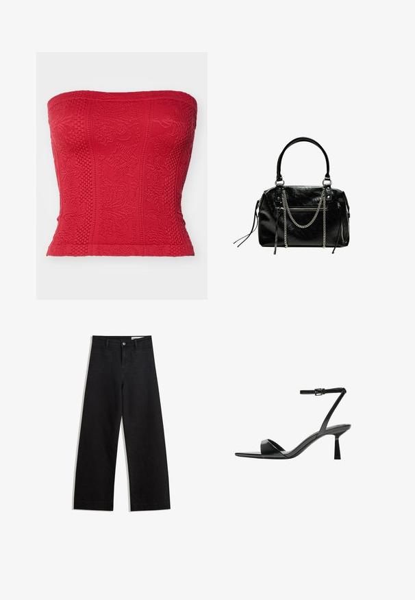 Top rosso senza spalline con motivi testurizzati, ricami dettagliati e design aderente. Realizzato in un tessuto elastico per una vestibilità su misura.; Pantaloni in denim neri a gamba larga con vita alta, dotati di tasche anteriori e posteriori, cuciture a punto, e chiusura con bottone. Texture liscia.; Bershka Sandali con tacco - black; Bershka WITH CHAIN - Borsa a mano - black