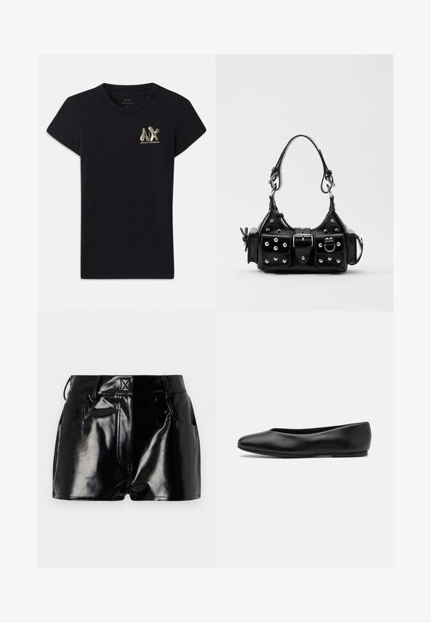 T-shirt preto de algodão com mangas curtas, apresentando um logótipo dourado de "A|X" e "ARMANI EXCHANGE" no lado esquerdo do peito. Design clássico de gola redonda.; Calções pretos e brilhantes feitos de material sintético. Apresentam uma cintura justa, passantes para cinto e bolsos frontais com detalhes de costura proeminentes.; Paul Smith TOPANGA - Sabrinas - black; Bolsa de couro preta com um design curvado, apresentando tachas prateadas, uma fivela e dois bolsos laterais. Alça ajustável para opções de transporte.