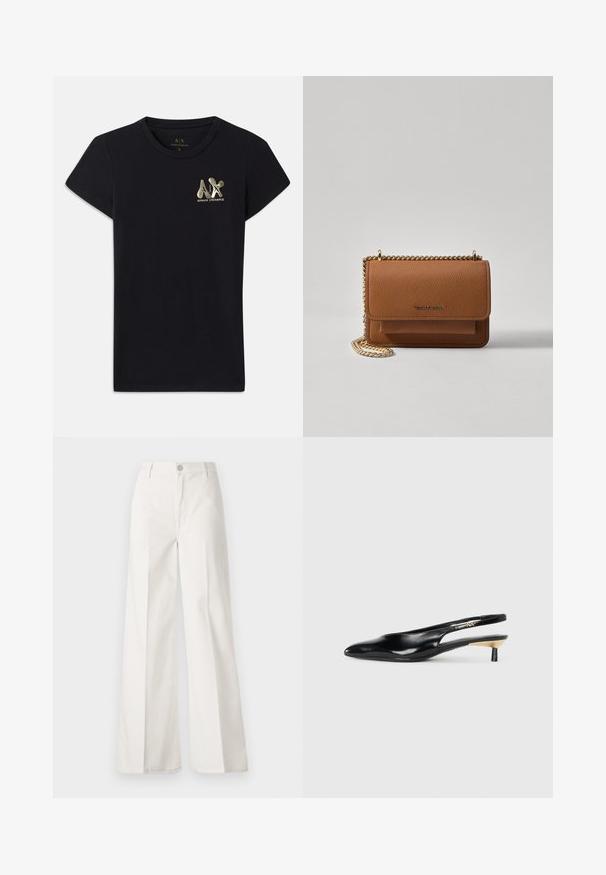 T-shirt preto de algodão com mangas curtas, apresentando um logótipo dourado de "A|X" e "ARMANI EXCHANGE" no lado esquerdo do peito. Design clássico de gola redonda.; Calças largas brancas feitas de algodão com uma textura suave. Apresenta um botão frontal, fecho de correr e um design de quatro bolsos.; Sapatilha preta estilo slingback com bico fino, acabamento em couro brilhante e um pequeno salto com um detalhe dourado. Design elegante com parte de trás aberta.; Bolsa crossbody de couro texturizado castanho com alça de corrente dourada e fecho com aba. A parte da frente apresenta detalhe do logótipo e um bolso sob a aba.