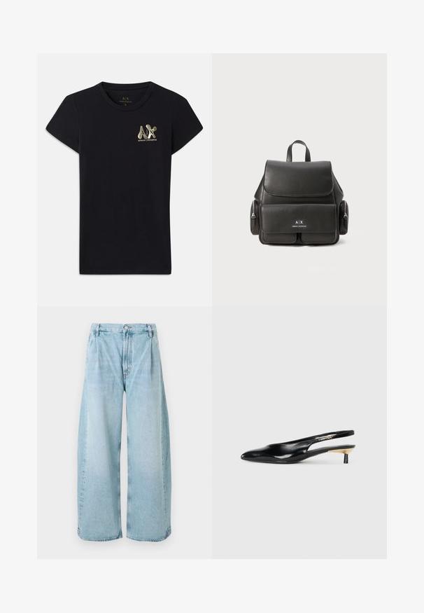 Camiseta de algodón negra con mangas cortas, que presenta un logo dorado de "A|X" y "ARMANI EXCHANGE" en el lado izquierdo del pecho. Diseño de cuello redondo estándar.; Pantalones de mezclilla anchos en azul claro con pliegues en la parte frontal, cierre de botón y dobladillos rectos, presentando una textura desgastada en toda la prenda.; Zapato de tacón tipo slingback negro con punta afilada, acabado en cuero brillante y un pequeño tacón con un acento dorado. Diseño elegante con parte trasera abierta.; Mochila de cuero negro con cierre de solapa, bolsillo frontal, compartimentos laterales con cremallera y asa superior. Presenta un detalle de logo en la parte frontal.