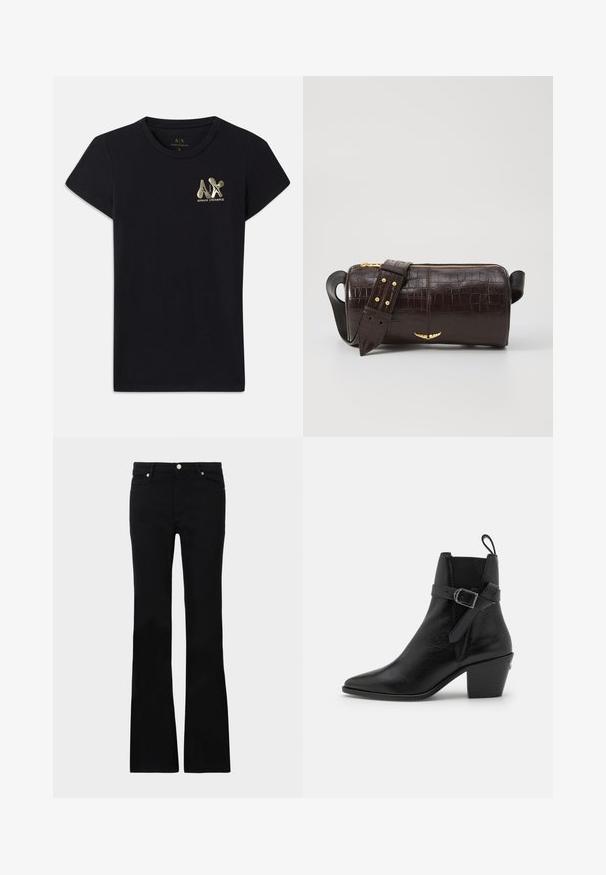 Črna bombažna T-maica s kratkimi rokavi, ki na levem prsnem delu vsebuje zlat logo "A|X" in "ARMANI EXCHANGE". Standardna oblika s kratkim vratom.; Črne zvonaste kavbojke iz denima, ki imajo dve sprednji žepi, gumbasto zapiranje in gladko teksturo. Oznaka zašite vidna na šivih.; Črne usnjene gležnjače s koničastim nosom, blok peto in stransko zaponko. Imajo gladko teksturo in zanko na zadnji strani.; Brah blaženka iz rjavega usnja z embosiranim krokodilom, cilindrične oblike, zlatih kovinskih elementov in odstranljivim pasom, ki vsebuje žebljičke.