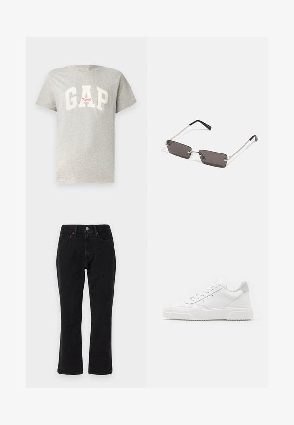 Harmaa puuvillapaita, jossa on lyhyet hihat ja pyöreä pääntie. Ominaisuuksina suuri valkoinen "GAP" -logo ja punainen "Original" -teksti. Pehmeä tekstuuri, rento muotoilu.; Musta ja harmaa ruudullinen takki, jossa on kauluksellinen pääntie, nappikuvio edessä ja kaksi rintataskua. Valmistettu tekstuurisesta kankaasta.; Musta farkkushortit, joissa on suora lahkeiden muotoilu, viisi taskua ja metalliset yksityiskohdat kupariakkenteilla. Tasainen pinta ja keskipitkä vyötärö.; Valkoiset nahkakengät, joissa on sileä pinta, pyöreä kärki, litteät nauhat ja teksturoitu pohja. Harmaa mokkanahka korostaa kantapäätä.; Aurinkolasit, joissa on suorakulmaiset, tummanharmaat linssit, hopeiset metallikehykset ja mustat muoviset päät. Kevyt muotoilu nenätyynyillä.