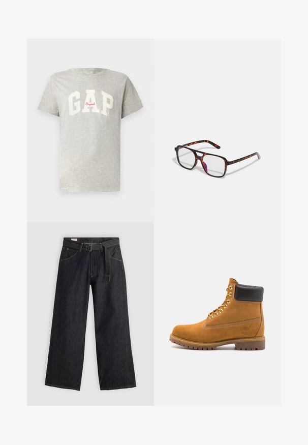 Pelēks kokvilnas T-krekls ar īsām piedurknēm un noapaļotu dekoltē. Ar lielu baltu "GAP" logotipu un sarkanu "Original" tekstu. Mīksta tekstūra, ikdienišķs dizains.; Tumši džinsa platā kēja bikses ar jostu, ar priekšējiem kabatām un kontrastējošu šuvi. Gluda tekstūra ar tīru dizainu.; Brūna zamša potīte ar melnu izšuvumu ap kaklu, zelta metāla acu caurumi, balta šuvju apdare un izturīgs gumijas zole ar izteiktu zīmējumu.; Tortoiseshell krāsas brillēm ar taisnstūra lēcām, melniem un oranžiem rāmiem, kas izceļas ar spīdīgu apdari un šauriem kājiņām.