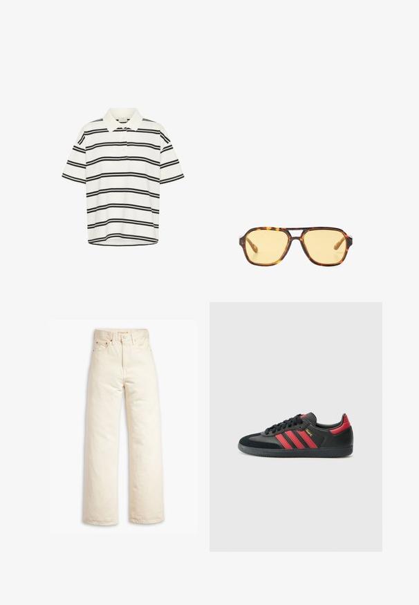 Cămașă polo albă cu dungi orizontale negre, cu mâneci scurte și guler clasic. Placket cu două butoane și tiv drept la baza.; Blugi largi bej din denim de bumbac. Caracteristici includ talie înaltă, închidere cu nasture și design cu cinci buzunare. Textură netedă și durabilă.; Adidași negri cu dungi roșii, din material de suede și piele, cu vârf rotund, șireturi plate, talpă din cauciuc texturat și detalii în nuanță de aur.; Ochelari de soare cu model tartan, lentile galbene și accente metalice pe sprijin. Cadru larg și textură mată.