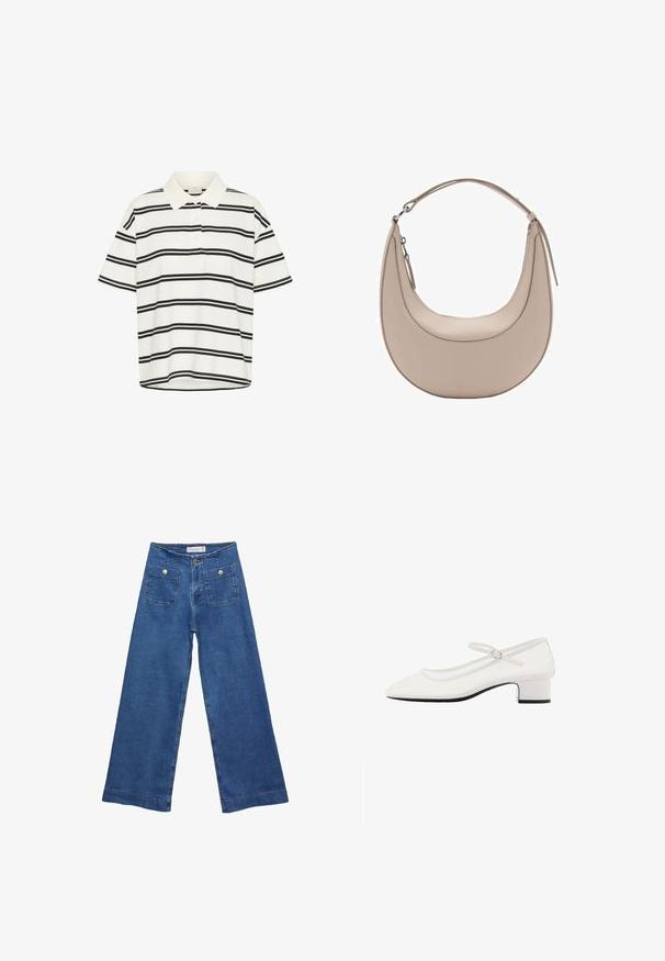 Hvid polo t-shirt med sorte vandrette striber, korte ærmer og klassisk krave. To-knaps placket og lige kant nederst.; Denim brede ben jeans med en mellemblå vask, to forlommer med knaplukninger og syet detaljering langs sømmene.; Hvide patenterede læder Mary Jane-sko med en rund tå, mellemhøj chunky hæl og justerbar rem med en sølvspænde.; Beige læder skuldertaske med en halvmåneform, glat overflade og et enkelt buet håndtag. Har en lynlåslukning og pæne syninger.