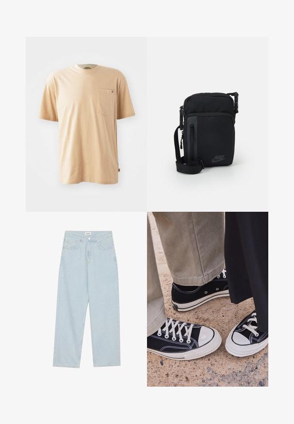 Bež majica iz bombaža s kratkimi rokavi, okroglo ovratnikom in žepom na levem prsnem delu. Ima majhno oznako logotipa na žepu.; Svetlo modri široki jeans narejeni iz denima, s srednjim pasom, petimi žepki in gumbnim zapiranjem s tankim kovinskim poudarkom.; Črne platnene superge z belimi gumijastimi kapicami in vezalkami. Kontrastno šivanje in kovinski ježki dodajajo detajle. Obute z bež hlačami in črno tkanino.; Črn najlonov crossbody nahrbtnik z žepi na zadrgo, nastavljivim trakom in subtilnim logotipom na sprednji strani. Gladka tekstura in pravokotna oblika.; Pet srebrne prstane: eden s črnim krožnim detajlom, eden z belim in črnim geometričnim vzorcem ter ostali z različnimi oblikami in finiši.