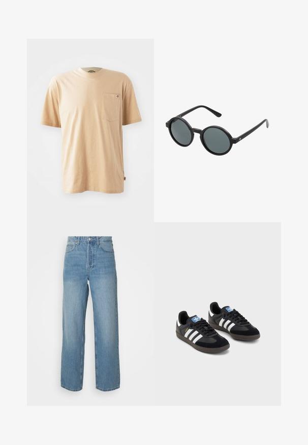 Bež majica iz bombaža s kratkimi rokavi, okroglo ovratnikom in žepom na levem prsnem delu. Ima majhno oznako logotipa na žepu.; Visoko pasovi svetlo modre kavbojke s ravnimi hlačnicami, sprednjim zapiranjem na gumb in petimi žepi na enobarvni podlagi.; Črne športne copate z zgornjim delom iz semiša in sintetičnih materialov, ki imajo tri bele črte, teksturiran gumijast podplat in modro označevalno oznako na jeziku.; Okrogle sončna očala z črnim plastičnim okvirjem in temnosivimi lečami. Imajo tanke, ravne ročice z minimalističnimi poudarki.