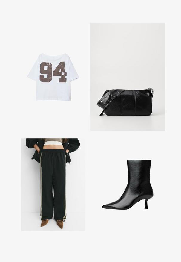 Bílý krátký rukávový T-shirt s volným střihem, který má velký, opotřebovaný černý potisk čísla "94" a malý detail hvězdy.; Černé, volné tepláky s elastickým pasem a bočními kapsami, s kontrastními světle béžovými pruhy podél nohavic.; Černé kotníkové boty vyrobené z lesklé kůže s špičatou špičkou a úzkým podpatkem, se hladkým povrchem a minimalistickým designem.; Černá kožená kabelka přes rameno se zapínáním na zip, s texturovaným tělem, bílým prošíváním a popruhem se stříbrnými očky.
