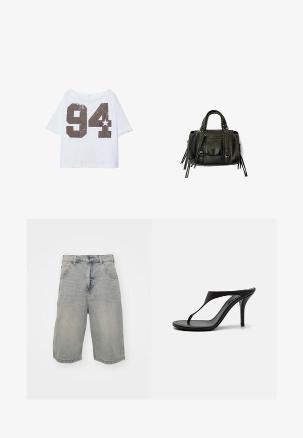 Biały T-shirt z krótkim rękawem o luźnym kroju, z dużym, postarzanym czarnym nadrukiem liczby "94" oraz małym detalem w kształcie gwiazdki.; Jasnoniebieskie szorty dżinsowe o luźnym kroju, z pięcioma kieszeniami, szlufkami na pasek oraz przetartą fakturą. Krawędź jest podwinięta i przyszyta.; Czarne sandały na wysokim obcasie z cienkim paskiem, projekt thong, spiczasty czubek oraz eleganckie, gładkie wykończenie. Płaska podeszwa z dyskretnym obcasem.; Czarna skórzana torebka z plecionymi uchwytami, kieszenią na zamek i zawieszkami. Teksturowana powierzchnia z metalowymi ćwiekami i akcentami ze stali.