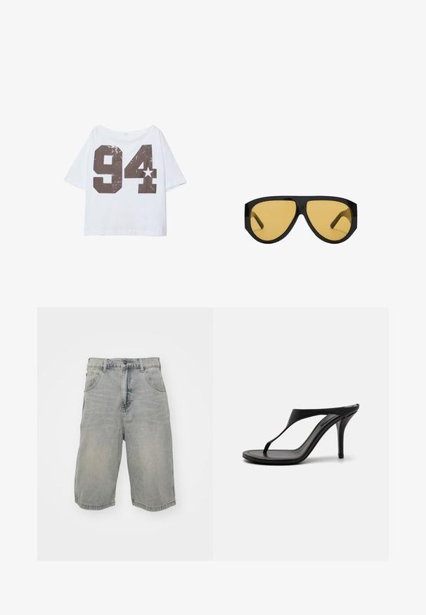 Valkoinen lyhythihainen T-paita, jossa on rento leikkaus. Paidassa on suuri, kulunut musta printti numerosta "94" sekä pieni tähden yksityiskohta.; Vaaleansiniset farkkushortsit rennolla leikkauksella, joissa on viisi taskua, vyölenkit ja haalistunut pinta. Helma on käännetty ja ommeltu.; Mustat korkokengät sandaalit, joissa on ohut hihna, heti saappaan muoto, terävä kärki ja tyylikäs, sileä viimeistely. Tasapohja, jossa on huomaamaton korko.; Aurinkolasit, joissa on tyylikäs musta muovikehys ja keltaiset sävytyslasit, erottuva kulmikas muoto ja leveät temppelit lisäsuojan takaamiseksi.