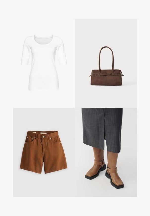 Bela dolga majica z dolgimi rokavi, izdelana iz mehke bombažne tkanine. Ima krožni izrez in prilegajoč silhueto s 3/4 rokavi. Preprost, brezšiven dizajn.; Rjavi denimski šortsi z petimi žepe, sprednjim gumbom in bakrenimi zakovicami. Imajo raven kroj in mehak teksturo.; Rjave usnjene škornje do kolen s kvadratnim nosom, črnimi gumijastimi podplati in nastavljivim detajlom z zaponko. Oblečeni so z sivo krilnico s črtami.; Rjava semiš torba z dvema robustnima ročajema, pravokotne oblike in dekorativnim trakom po sprednji strani.