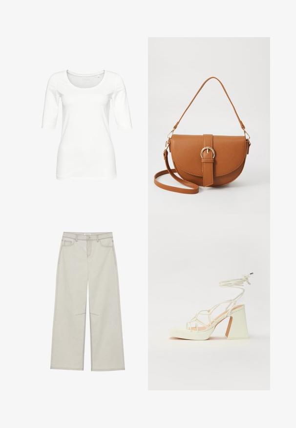 Fehér, hosszú ujjú felső, puha pamutból készült. Kerek nyakkivágás és testhezálló szabás jellemzi, 3/4-es ujjaival. Egyszerű, varrás nélküli dizájn.; Világosszürke, bő szárú nadrág, öt zsebbel, elülső gombos záródással és kontrasztos varrással a varrások mentén. Az anyag puhanak és tartósnak tűnik.; Fehér, magassarkú szandál vastag sarokkal, pántos dizájnnal és bokapánttal. Sima textúra, elülső platformmal a megnövelt magasság érdekében.; Barna bőr keresztbody táska ívelt formával, aranyszínű fémrészekkel és csat díszítéssel. Levehető vállpánttal rendelkezik.