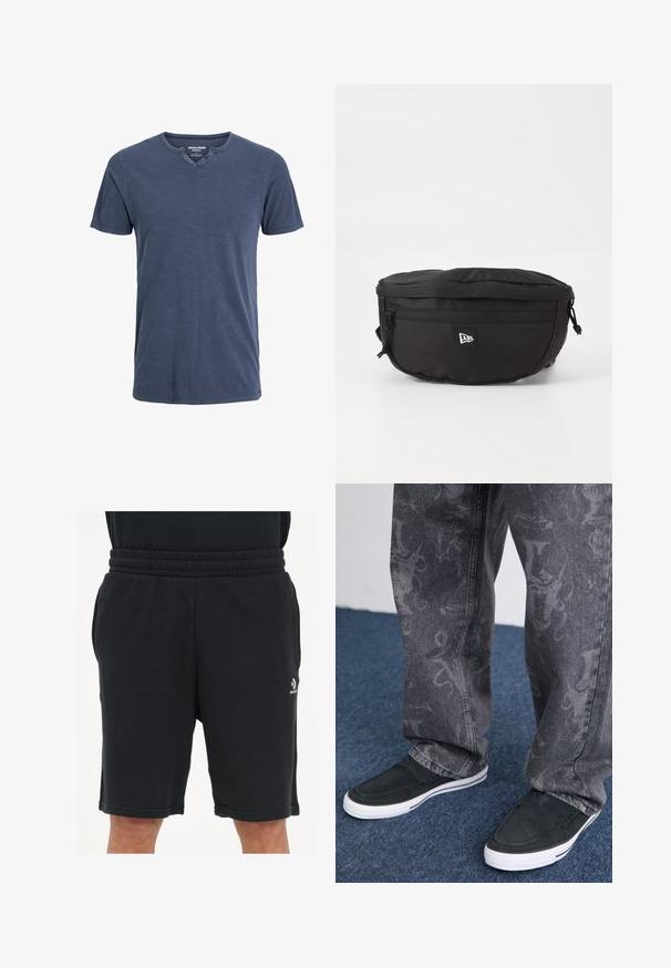 T-shirt a maniche corte blu navy realizzato in un tessuto morbido, con scollatura a V e due bottoni decorativi su un lato, dal taglio rilassato.; Shorts neri realizzati in morbido tessuto, con vita elastica, tasche laterali e un piccolo logo sulla parte bassa della gamba.; Scarpe nere senza lacci con suola bianca, con texture, abbinate a jeans grigi con un sottile motivo a design, su uno sfondo di tappeto blu.; Marsupio nero realizzato in nylon; dotato di una tasca con zip frontale, strap regolabile e una patch con logo. Forma arrotondata con una texture liscia.
