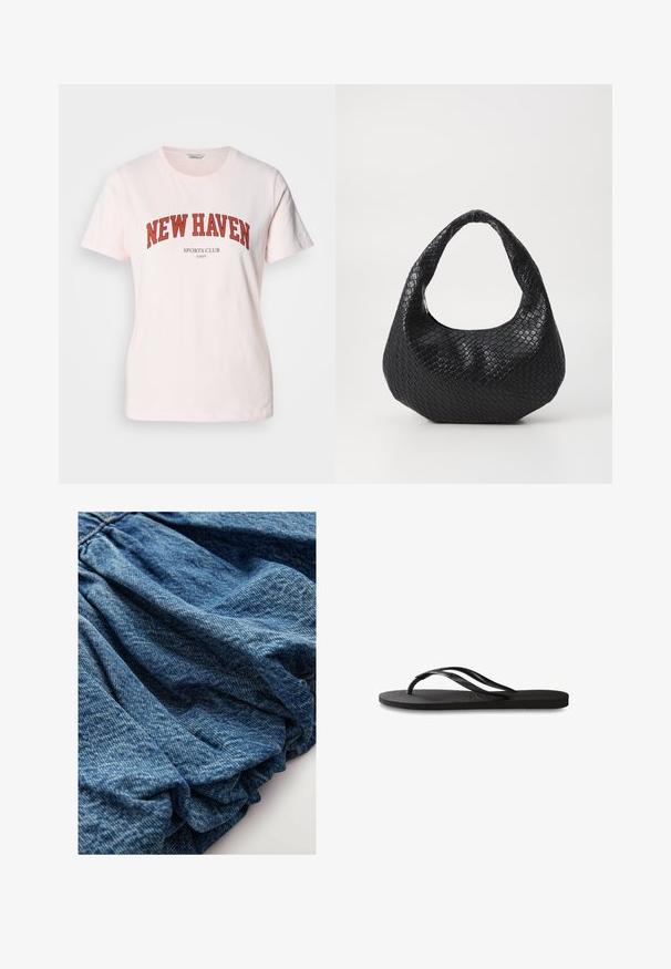 Lyserød bomulds t-shirt med "NEW HAVEN" i fede røde bogstaver, og "SPORTS CLUB" nedenunder. Korte ærmer og rund halsudskæring.; Denimstof i en dyb blå nuance med en samlet tekstur, der skaber bløde folder. Glat overflade med subtile farvevariationer.; Sorte flip-flop med en tekstureret gummisål, to slanke stropper og et subtilt, præget logodetalje på stroppen.; Sort flettet håndtaske med et buet håndtag, der har en struktureret overflade og en afslappet form. Glat finish med en organisk silhuet.
