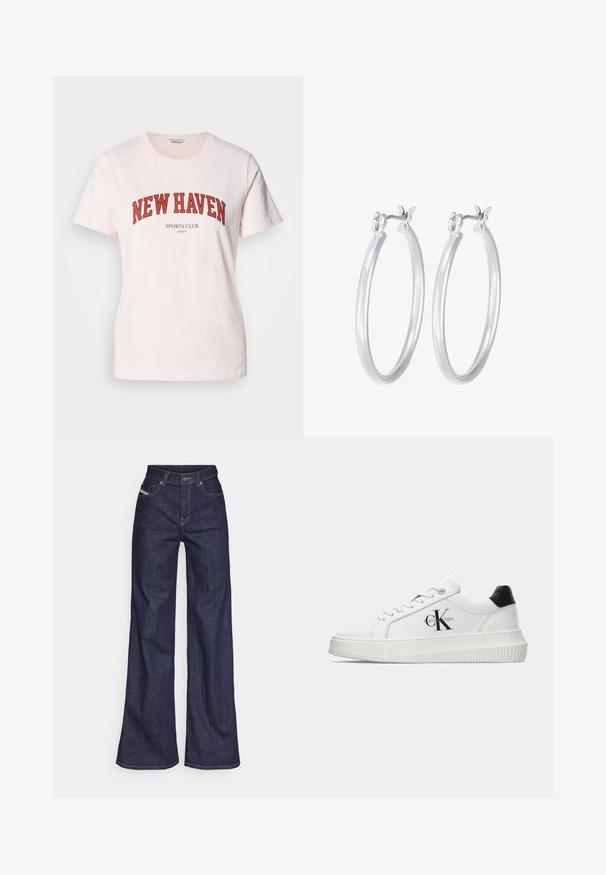 Light pink cotton t-shirt featuring "NEW HAVEN" in bold red letters, with "SPORTS CLUB" underneath. Short sleeves and a round neckline.; Dark blue wide-leg jeans in denim fabric with a high waist, featuring orange stitching, five-pocket design, and a button closure.; White low-top sneaker with black heel tab, platform sole, laces, and Calvin Klein "CK" logo on the side.; Silver hoop earrings with a smooth, polished finish. Round shape and secure click-top closure. Lightweight design suitable for everyday wear.