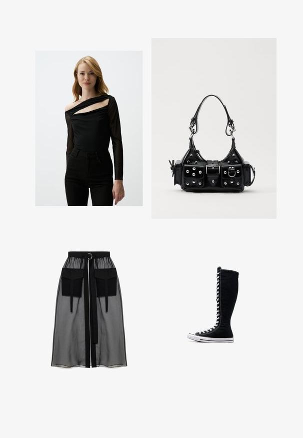 Zwarte lange mouwen top met een doorzichtige overlay, voorzien van een asymmetrische halslijn en een off-shoulder detail. Gecombineerd met zwarte high-waisted broek.; Zwarte doorschijnende rok met een verzameld tailleband, voorzien van twee grote voorzakken, een tailleband met strik en een ronde metalen accent.; Zwarte hoge sneakers met een hoge ontwerp, gemaakt van canvas. Beschikken over witte veters, stiksels en een rubberen zool met een neuskap.; Zwarte lederen handtas met een gebogen ontwerp, voorzien van zilveren studs, een gesp en twee zijvakken. Verstelbare schouderband voor verschillende draagmogelijkheden.
