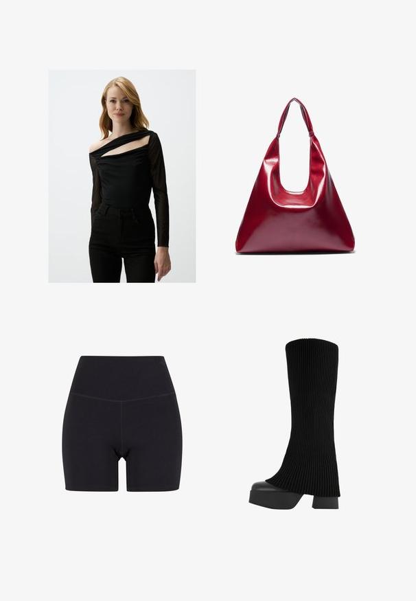 Zwarte lange mouwen top met een doorzichtige overlay, voorzien van een asymmetrische halslijn en een off-shoulder detail. Gecombineerd met zwarte high-waisted broek.; Zwarte high-waisted shorts gemaakt van rekbaar materiaal. Voorzien van een elastische tailleband, een gladde textuur en een lengte tot halverwege de dij met een naadloos ontwerp.; Zwarte knielange laars met een ribbelstof bovenkant, chunky platformzool en blokhak, met een gladde textuur en een stijlvolle, moderne uitstraling.; Rode glanzende leren handtas met een driehoekige vorm, brede opening aan de bovenkant en een enkele gebogen handgreep. Gladde textuur met minimale stikseldetails.
