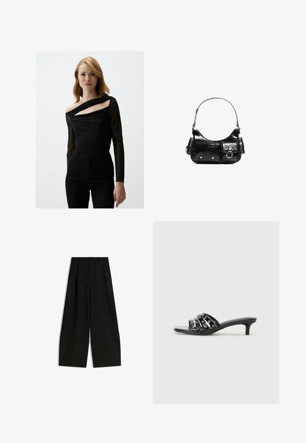 Czarny top z długim rękawem z przezroczystą narzutą, z asymetrycznym dekoltem i detalem odsłaniającym ramiona. Zestawiony z czarnymi spodniami o wysokim stanie.; Czarne spodnie szerokie z gładkiego materiału, z wysokim stanem, plisami z przodu i bez widocznych ozdób czy wzorów.; Czarne sandały na obcasie z wieloma błyszczącymi paskami i metalicznymi akcentami, z ostrym noskiem i skromnymi obcasami typu kitten. Gładka faktura.; Czarna torebka z lakierowanej skóry o zaokrąglonym kształcie, z jednym paskiem na ramię, przednimi kieszeniami i akcentami w kolorze srebrnym.