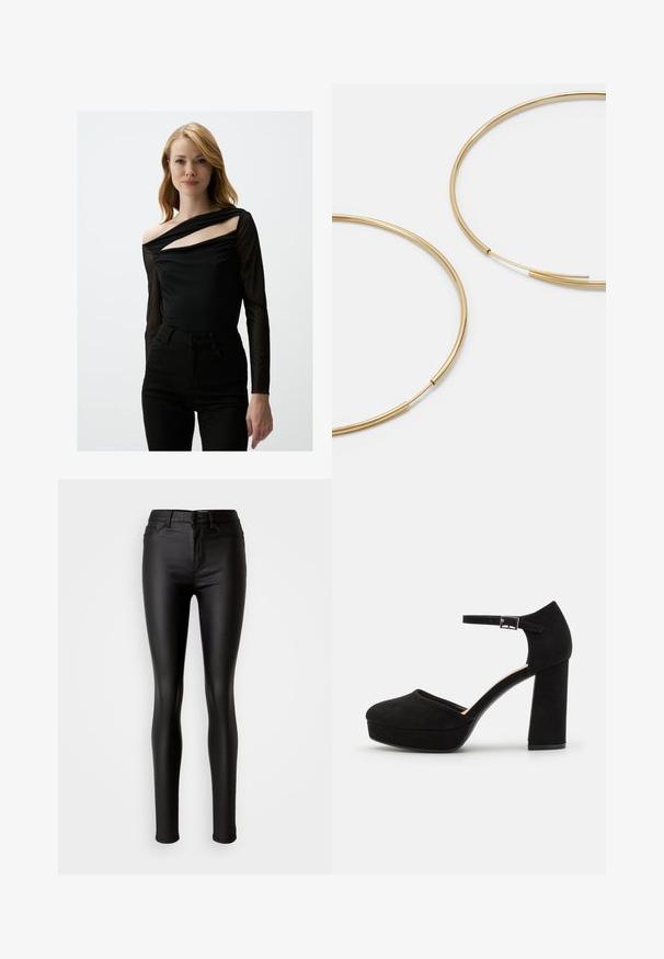 Zwarte lange mouwen top met een doorzichtige overlay, voorzien van een asymmetrische halslijn en een off-shoulder detail. Gecombineerd met zwarte high-waisted broek.; Zwarte faux leren skinny jeans met een gladde textuur, hoge taille, knoopsluiting en een traditionele vijf-pocket stijl.; Zwarte suède plateauhakken met een dikke blokhak, ronde neus en enkelbandje dat is beveiligd met een metalen gesp. Zachte textuur overal.; Gouden oorringen, dun en rond van vorm, met een gladde metallic afwerking en zonder versieringen of patronen.; Zwarte leren portemonnee met een opklapbare flap, gouden hardware en een logo-accent. Inclusief een afneembare strap voor het dragen.