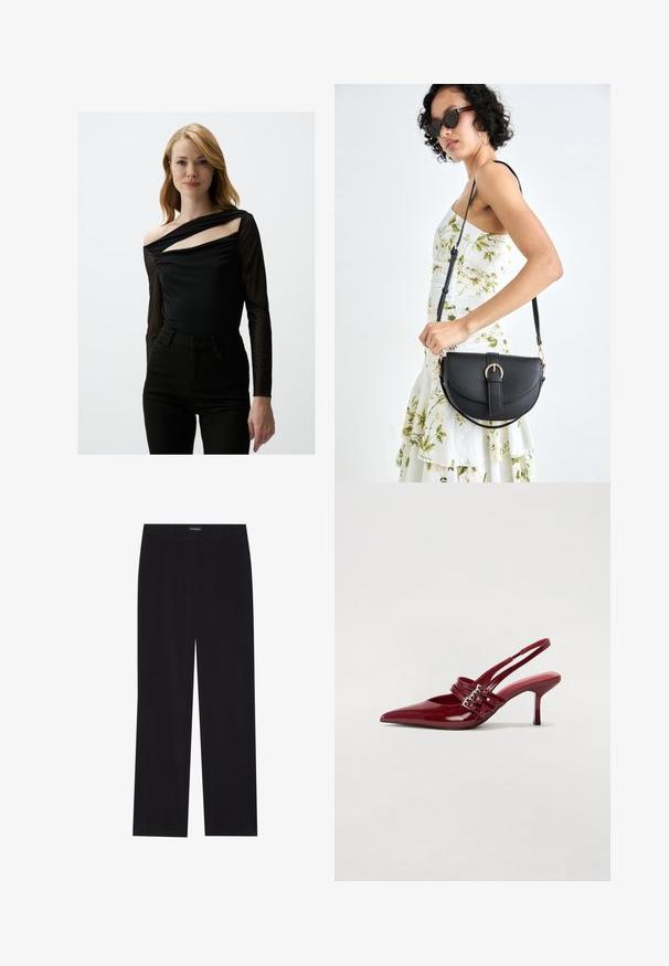 Zwarte lange mouwen top met een doorzichtige overlay, voorzien van een asymmetrische halslijn en een off-shoulder detail. Gecombineerd met zwarte high-waisted broek.; Zwarte corduroy broek met een rechte snit, voorzien van een vlakke tailleband en zonder zichtbare zakken, een gladde textuur en verticale ribbelstructuur.; Rode gepatenteerde leren slingbackhakken met een spitse neus, twee gespsluitingen en een slanke, middelhoge stilettohak. Glad textuur.; Zwarte leren handtas met een gebogen vorm, afneembare schouderband en gouden hardware. De tas heeft een klep met een gespsluiting.