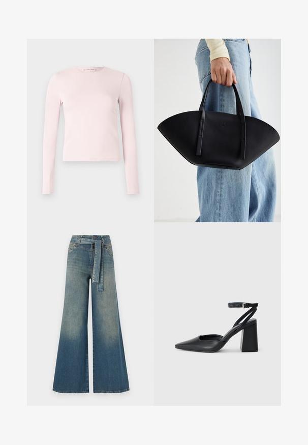 Light pink long-sleeve crew neck fitted top with a straight hem, displayed against a plain white background.; Wide-leg denim trousers featuring a light to dark blue gradient, high waist, belt loops, and a matching fabric belt. Textured denim finish.; Black leather pointy-toe pump with an ankle strap and a chunky heel. Flat texture, sleek design, and minimalistic aesthetics.; Black leather handbag with a unique fan shape, featuring flat handles. The surface has a pebbled texture and a minimalistic design.